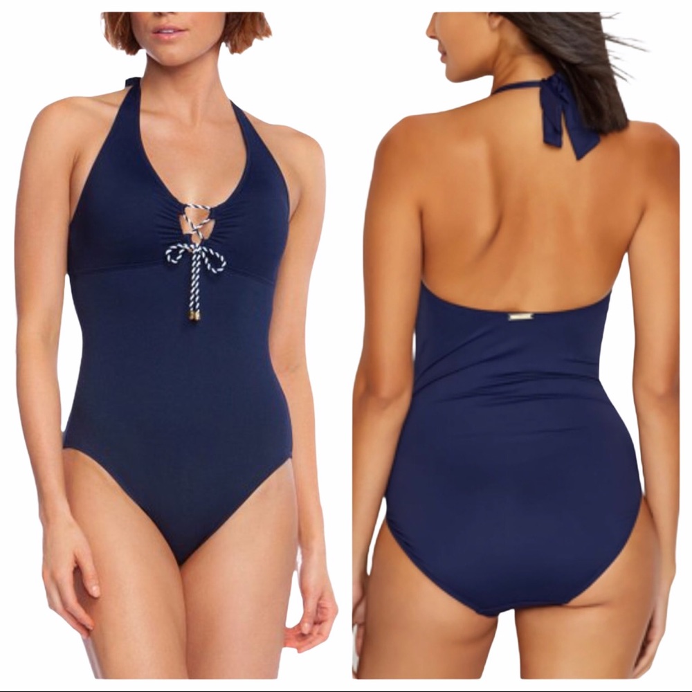 Lauren Ralph Lauren Slimming Tie Front Halter swimsuit navy 4 NWT